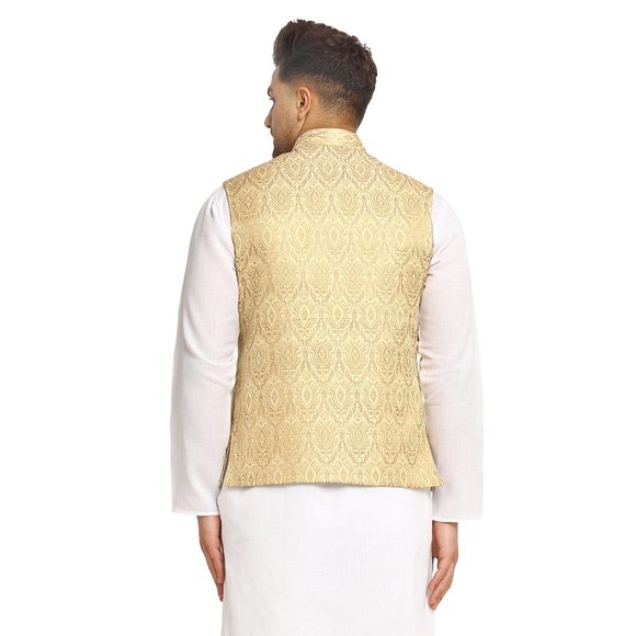 Sleeveless Traditional Brocade Silk Fabric Light Golden Nehru Jacket by Treemoda - Picture 3 of 5